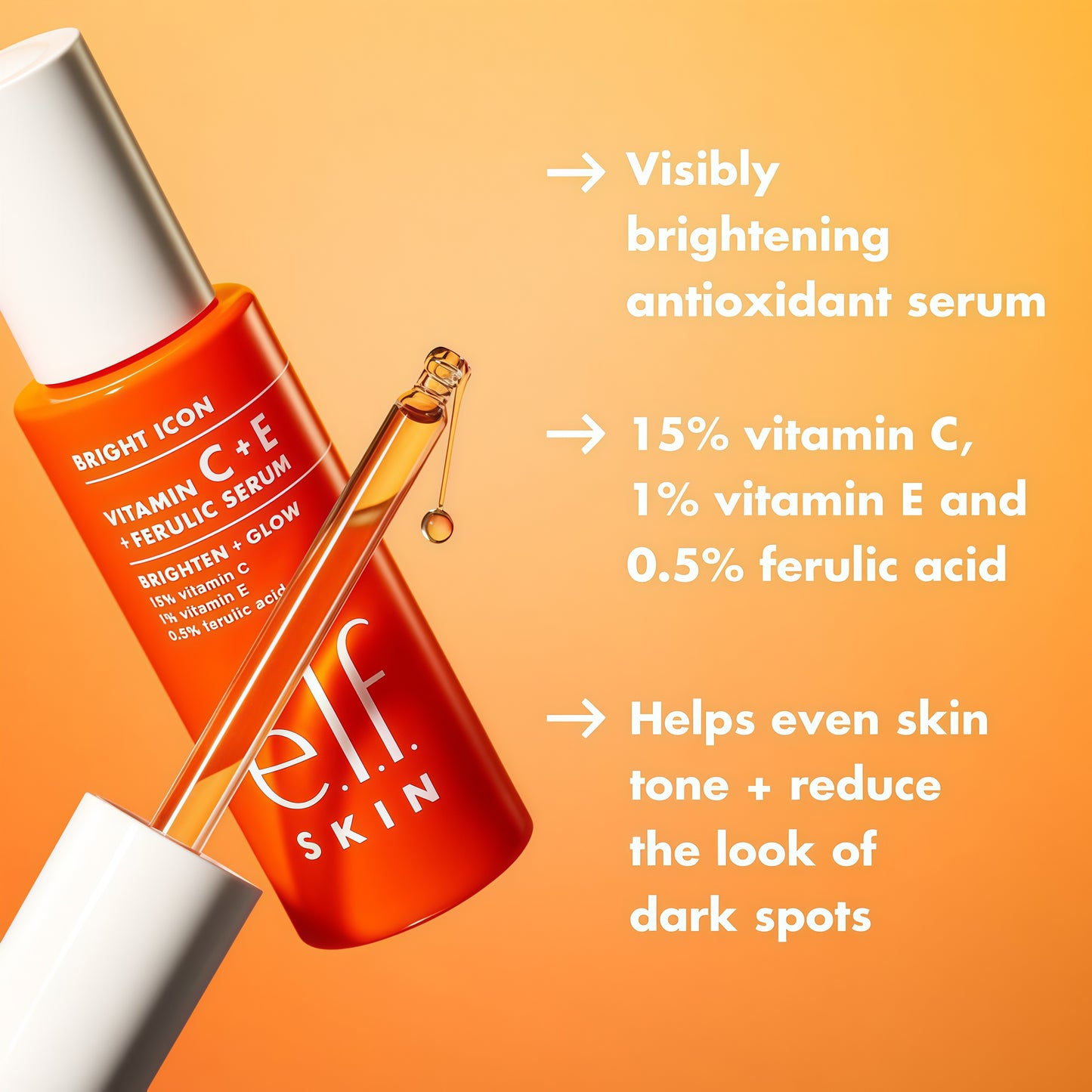 e.l.f. SKIN Bright lcon Vitamin C + E +Ferulic Serum, Brightening & SoothingFace Serum, Helps Even Skin Tone,Vegan & Cruelty-Free, 1 fl oz（2pack）
